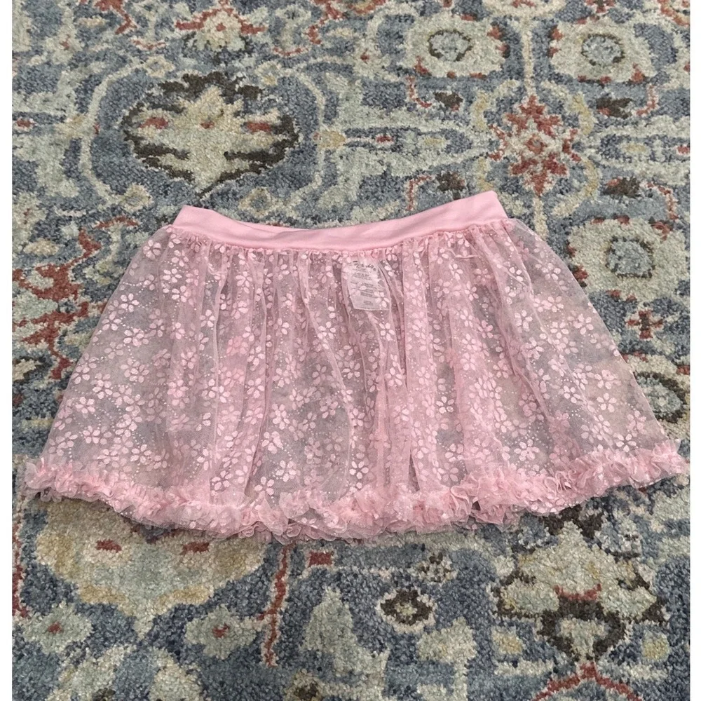 Capezio Dance Skirt Girls Large Pink Glitter Floral Ruffle Ballet EUC